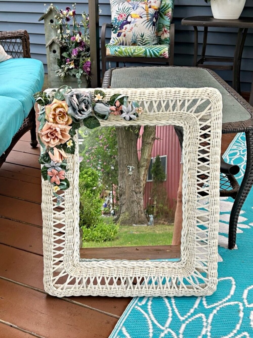 Vintage Floral Embellished 24"x20" Cottage White Wicker Shabby Chic Mirror
